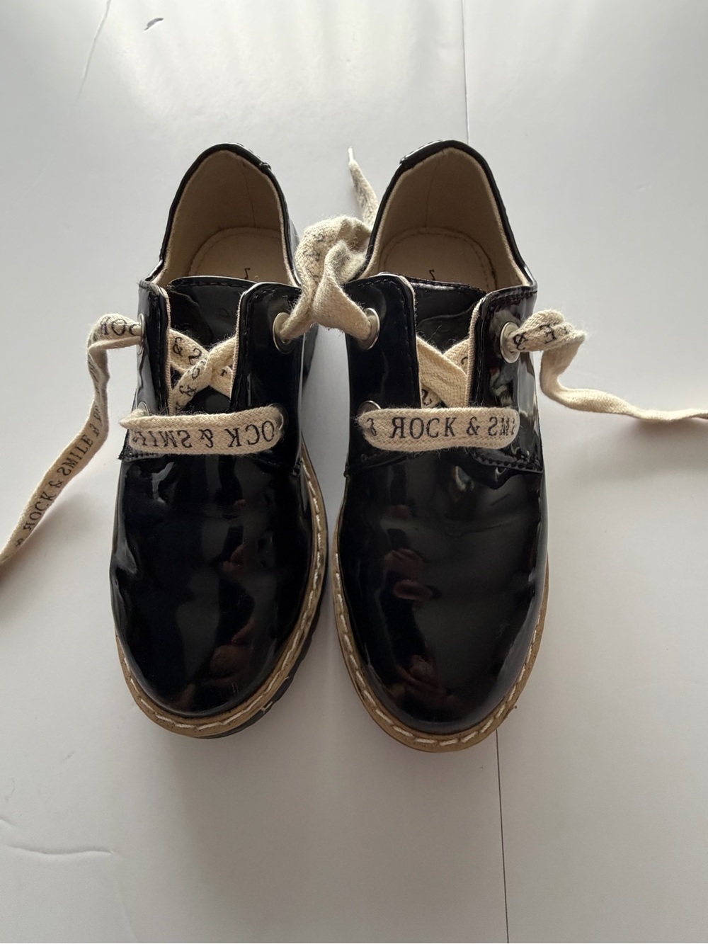 Zara Black Patent Kids Lace-Up Shoes with Cream Laces